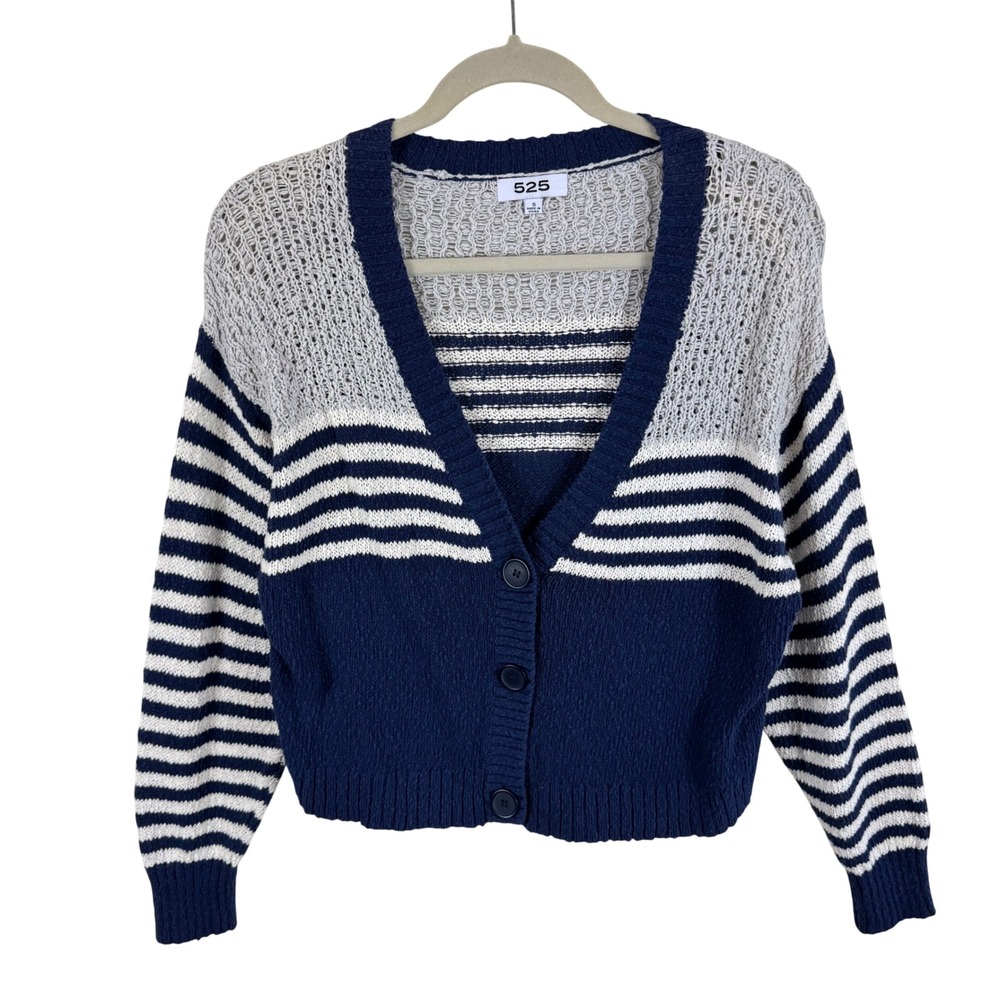 525 America Womens Navy Blue Striped Cotton Cropped V-Neck Cardigan Sweater S